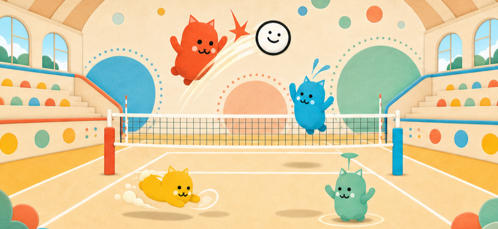 カラフルな体育館でバレーボールを楽しむキャラクターたち